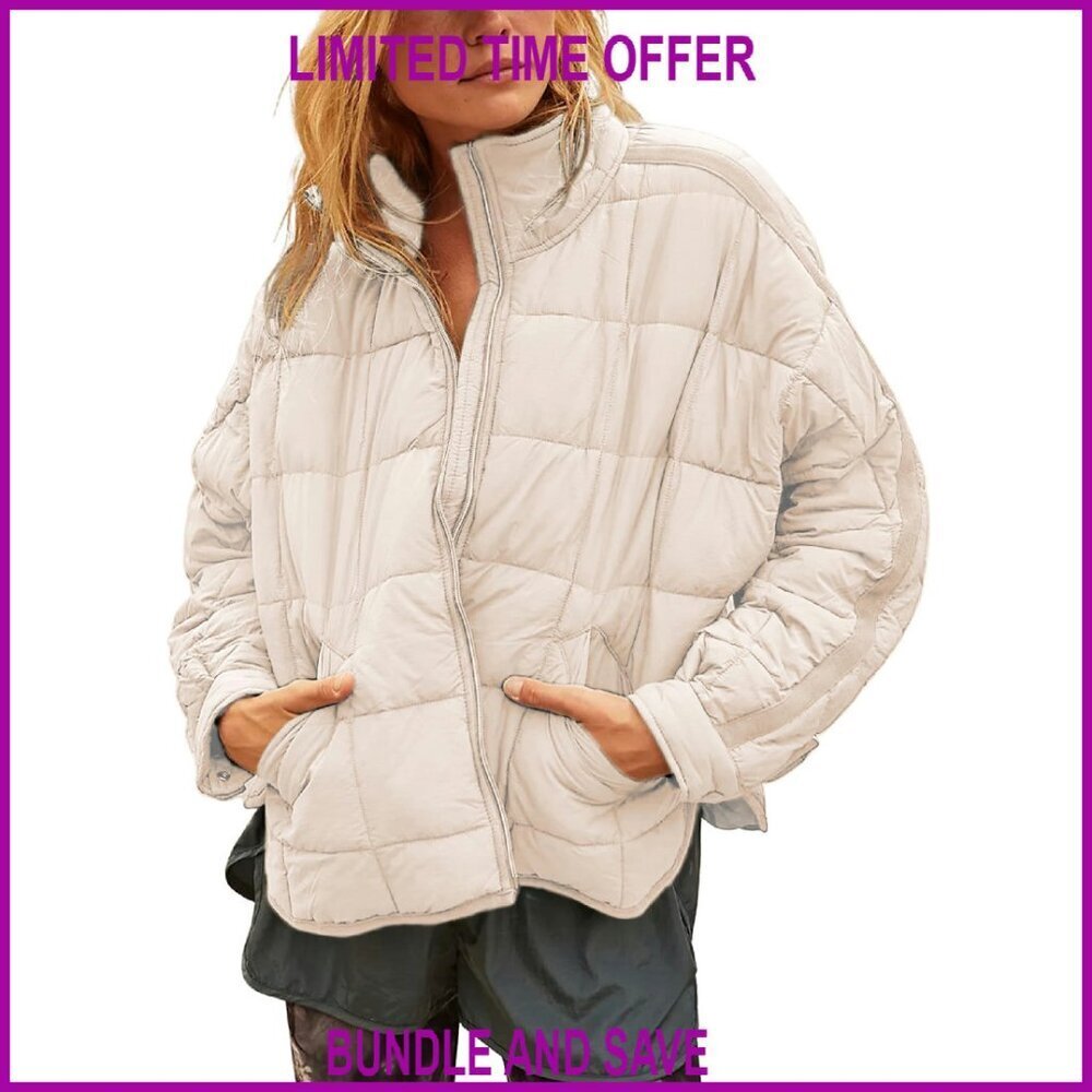 Lightweight Quilted Puffer Jacket Zip Up Stand Collar Two Pockets